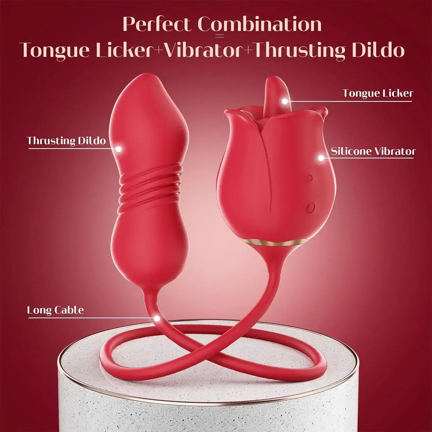 3in1 Rose Dildo Sex Toy For Women With 9 Tongue Licking & Thrusting Modes - The Rose Toys